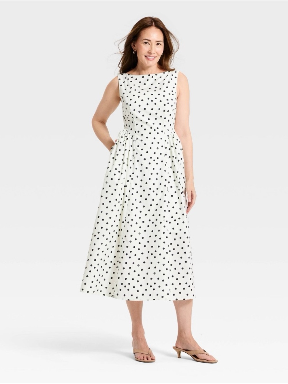 a new day Women's Corset Midi A-Line Dress White Black Polka Dots L